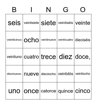 Spanish numbers 1-30 Bingo Card