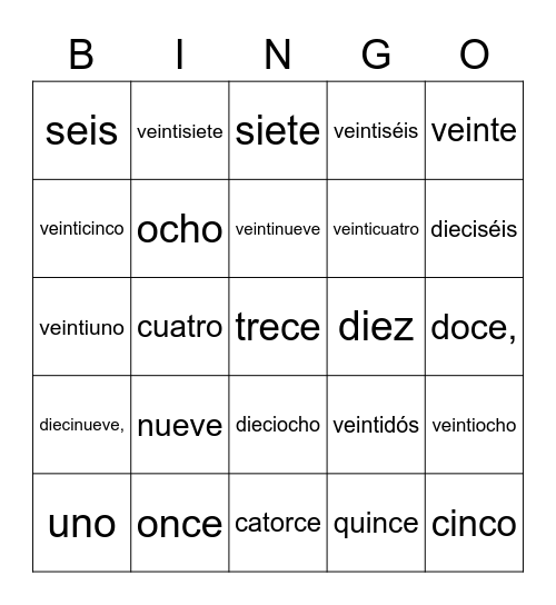 Spanish numbers 1-30 Bingo Card