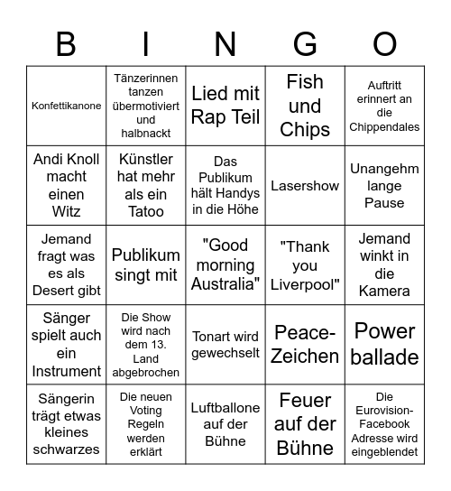 Eurovision Bingo Card