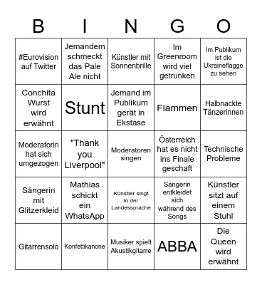 Eurovision Bingo Card