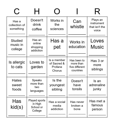 Sacred & Profane CHOIR Bingo Card