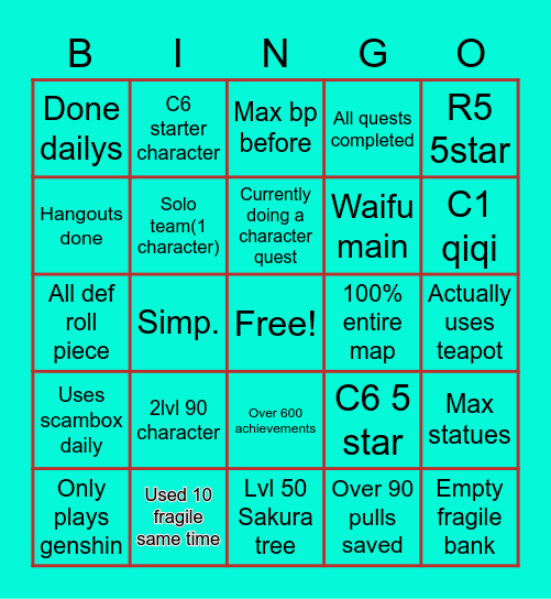 Genshin no life bingo Card