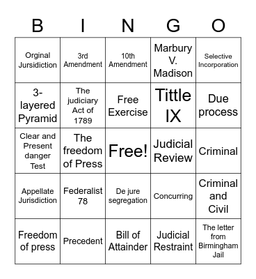 Judiciary/ Civil liberties & Civil Rights Bingo Card