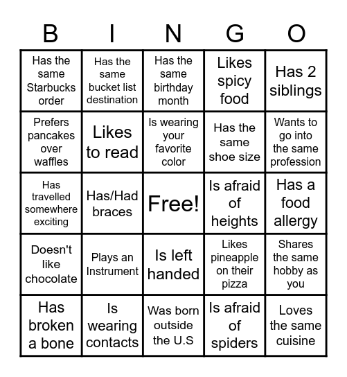Youngsters Bingo Card