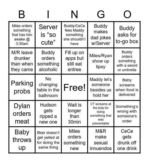 M ♥️ R Dinner Bingogasm Bingo Card