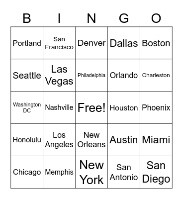 U.S. Cities Bingo Card