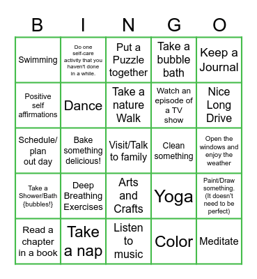 NURS 1475 - Stress Coping Mechanisms Bingo Card