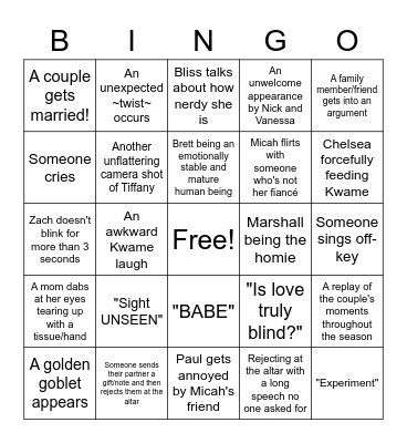 LOVE IS BLIND Bingo Card