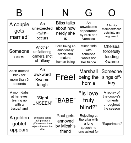 LOVE IS BLIND Bingo Card