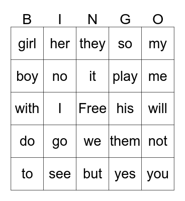 Sight Words Bingo Card