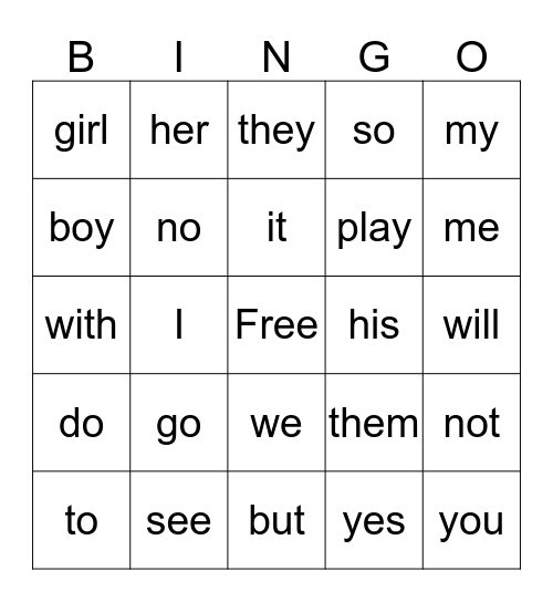 Sight Words Bingo Card