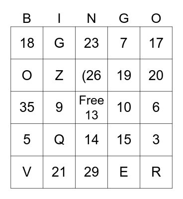 Numbers And Letters Bingo Card