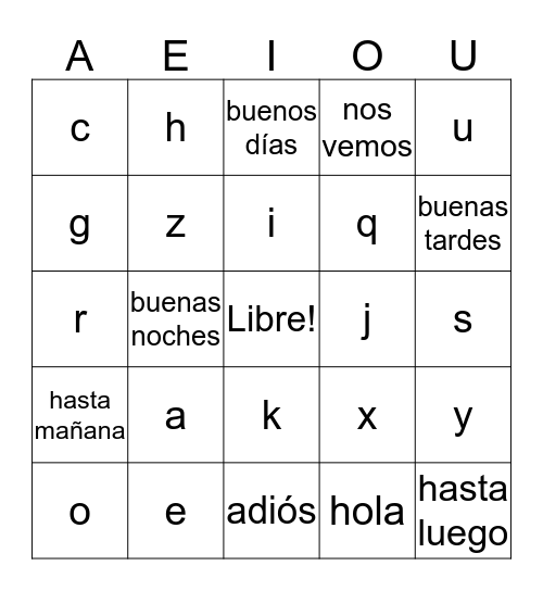 Greetings and Letters Bingo Card