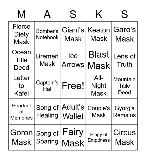 Majora's Mask Randomiser Bingo Card