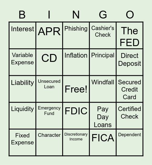 W!SE Financial Literacy Bingo Card