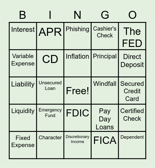 W SE Financial Literacy Bingo Card