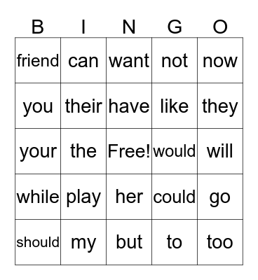 Sight Words Bingo Card