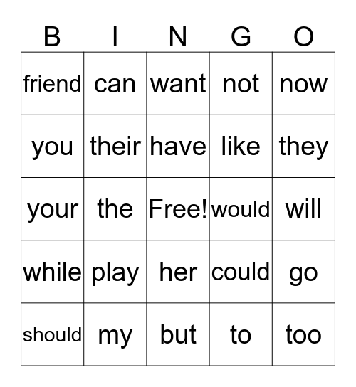 Sight Words Bingo Card