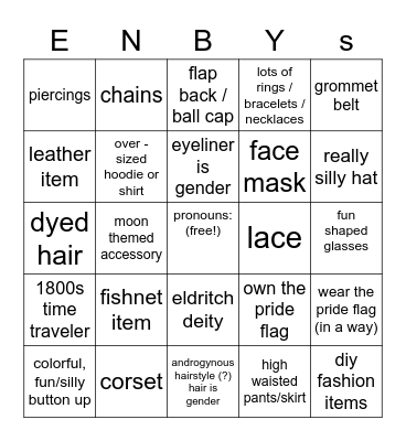 Non-Binary Fashion Bingo Card