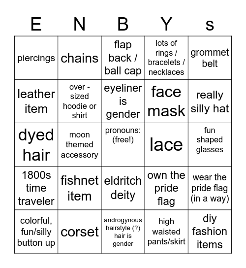 Non-Binary Fashion Bingo Card