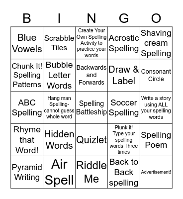 Spelling Bingo Card