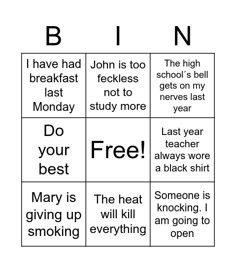 VERB TENSES Bingo Card