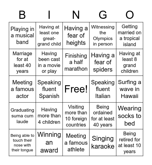 Find Someone Who Has Celebrated... Bingo Card