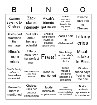 Love is Blind Finale Bingo Card
