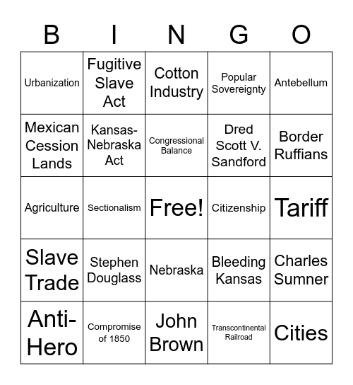 Causes of the Civil War Bingo Card