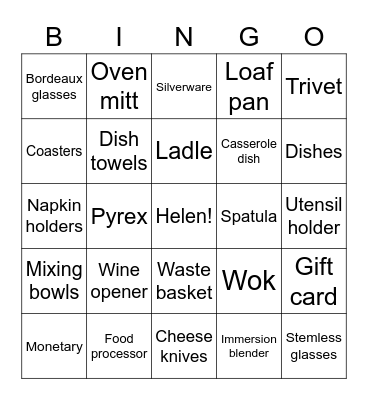 Helen's Bridal Shower Bingo Card
