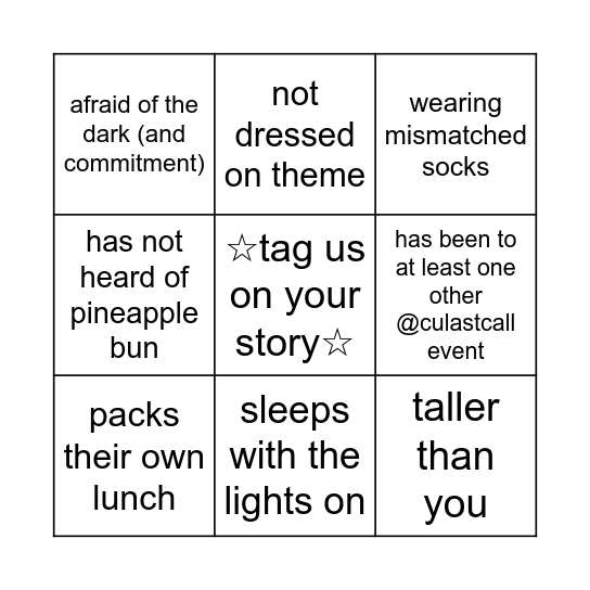 @culastcall BINGO: find someone who('s) Bingo Card
