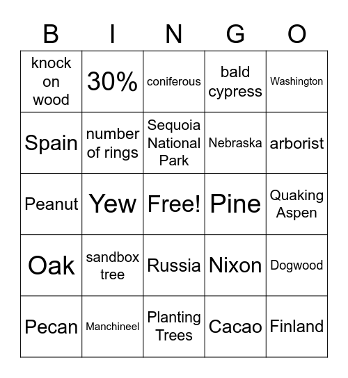 Arbor Day Trivia Bingo Card