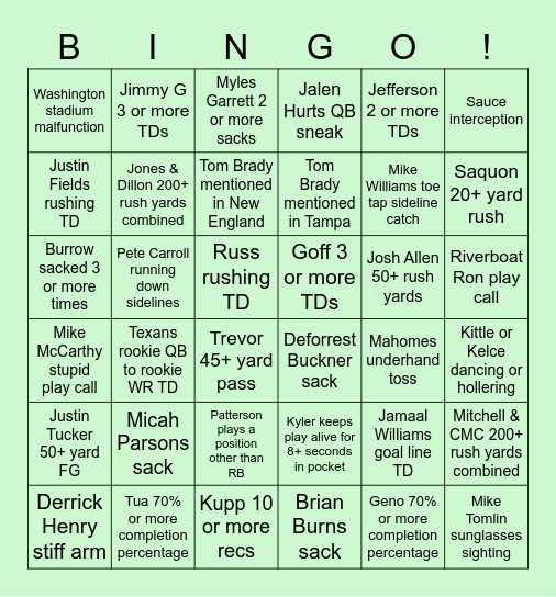 NFL Bingo Card