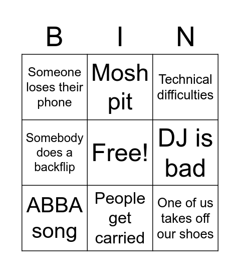 Prom Bingo Card