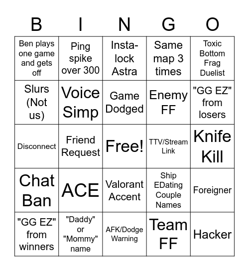 Valorant Bingo Card