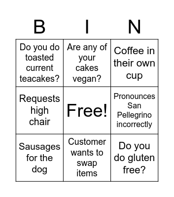 Coffee Shop Bingo Card