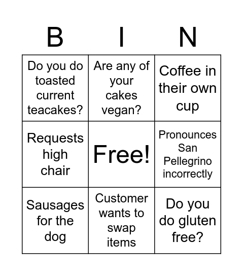 Coffee Shop Bingo Card