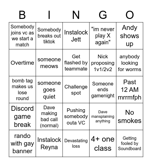 Valo Bingo Card