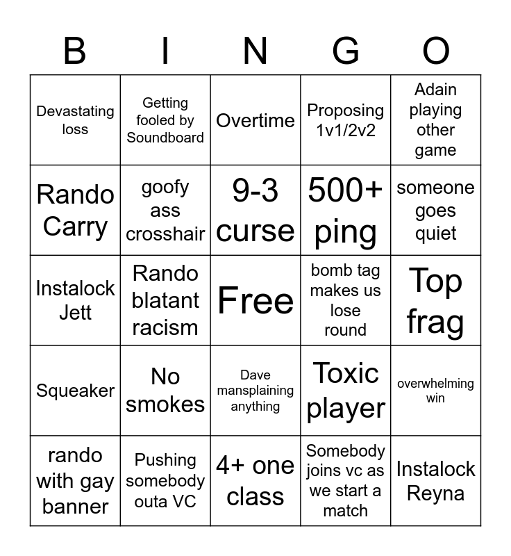 Valo Bingo Card