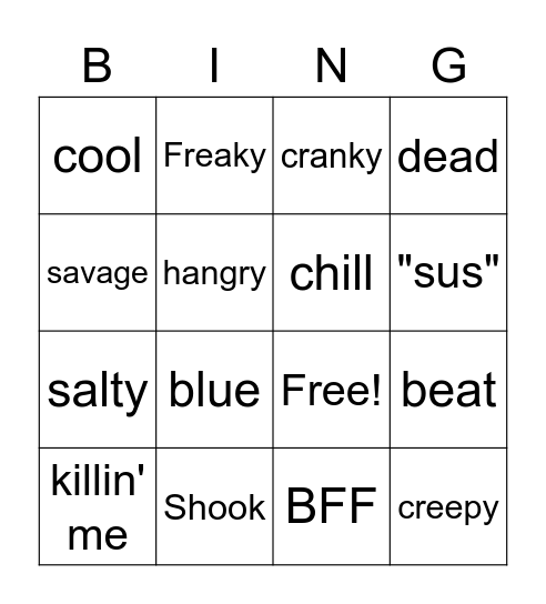 Slang Emotion Words Bingo Card