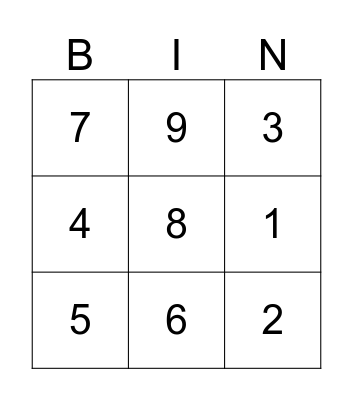 NUMBER Bingo Card