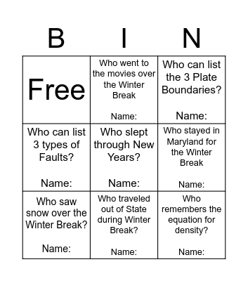 Get Reacquainted Bingo Card