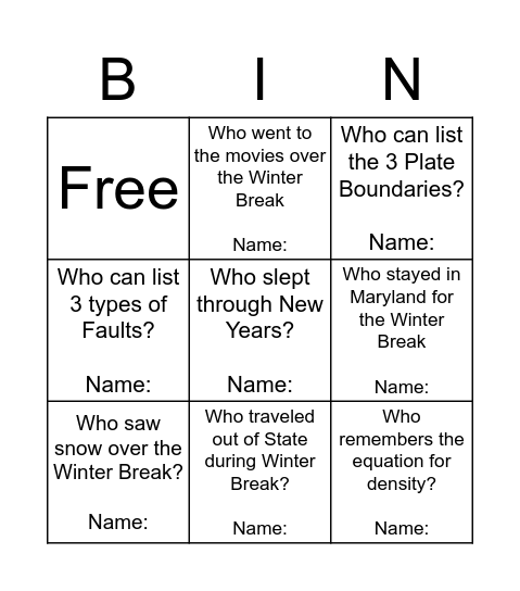 Get Reacquainted Bingo Card