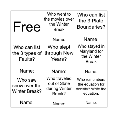 Get Reacquainted Bingo Card