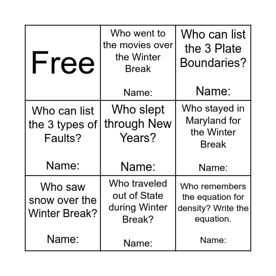 Get Reacquainted Bingo Card