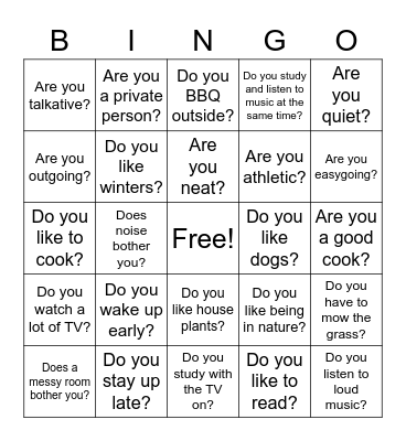 Yes/No Question Bingo Card