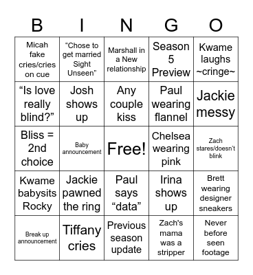 Love is Blind Reunion Bingo Card
