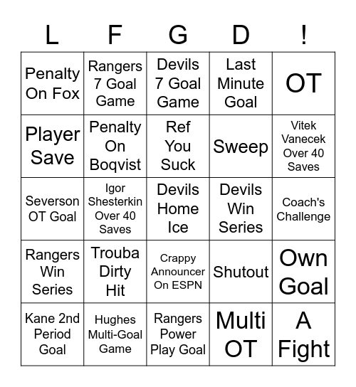 Devils v. Rangers Playoff Series Bingo Card