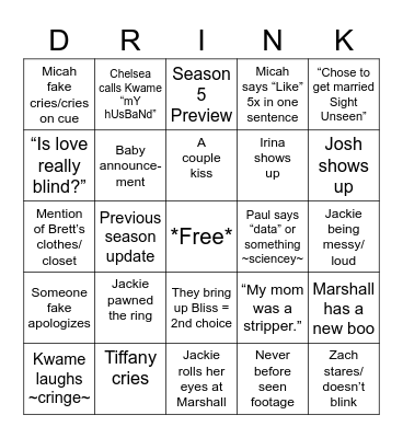 Love is Blind Reunion Bingo Card