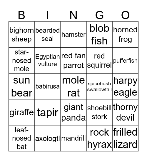 Creature Features Bingo Card